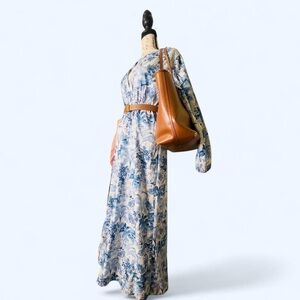 Blue Floral Maxi Dress with Brown Leather Bag